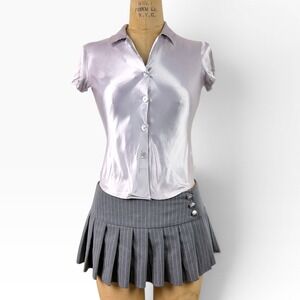 Vintage Express Satin Button Up Top Short Sleeve Iridescent Retro Cyber Sz XXS